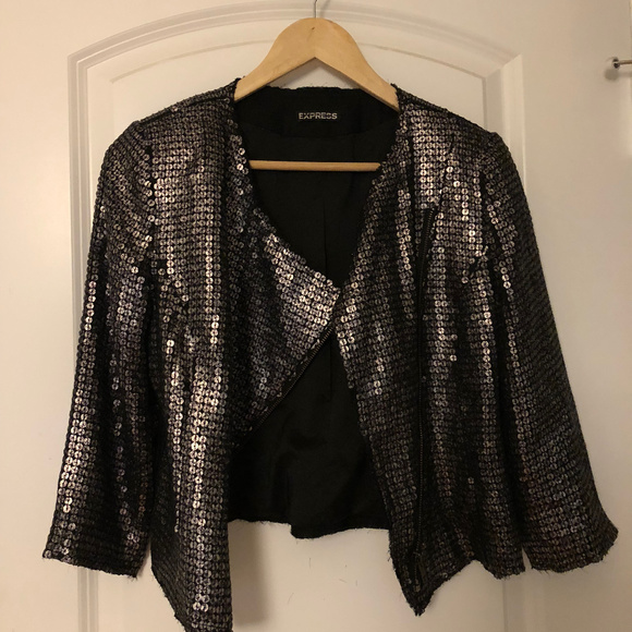 Express Silver Gray Sequin Moto Jacket XS WornOnce - Picture 1 of 3